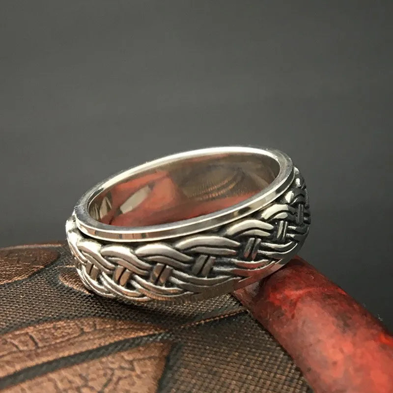 BOCAI New Real S925 Sterling Silver Jewelry Fashion Retro Thai Man Ring Hemp Rope Simple Rotating Turn to Good Luck
