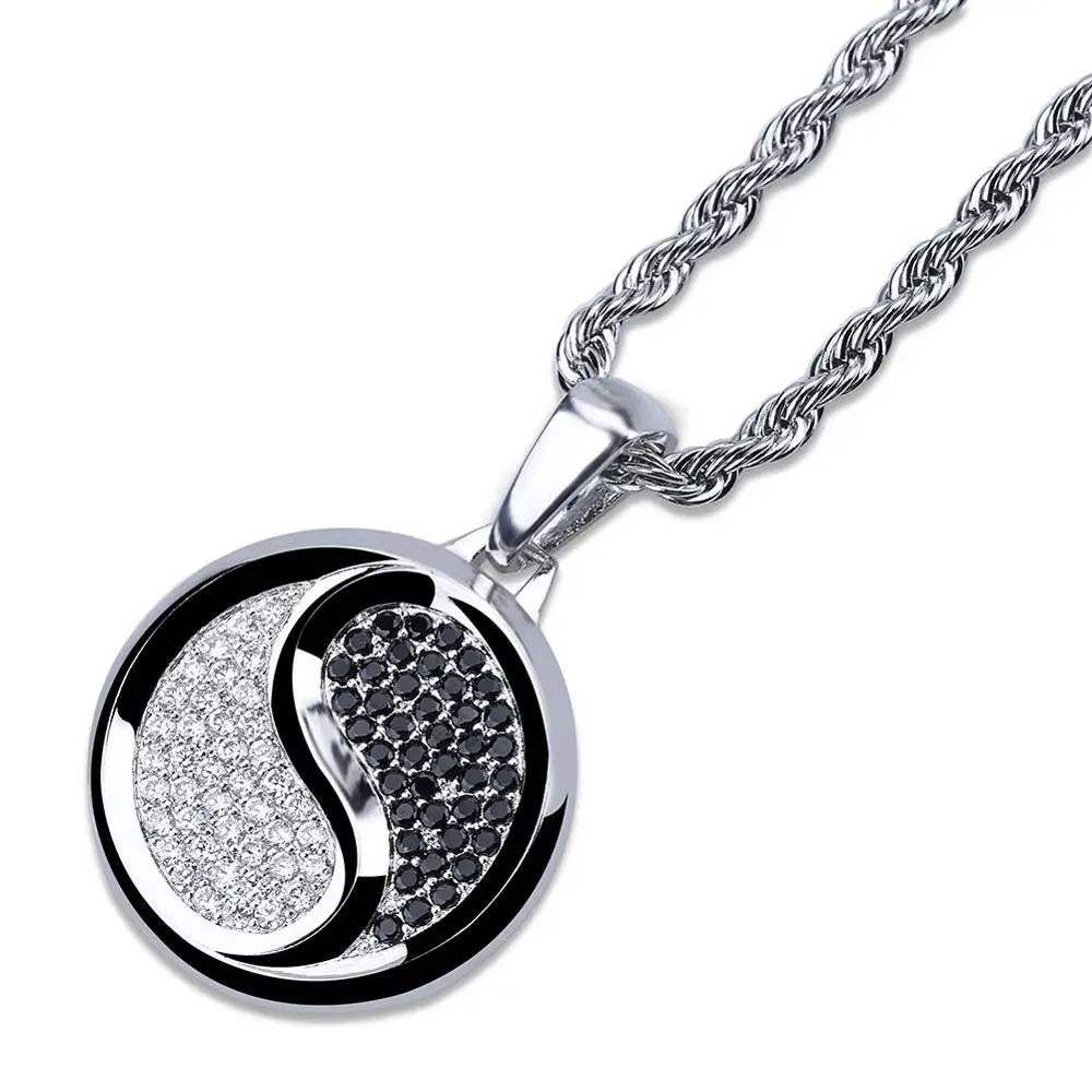 Iced Out Yin Yang Tai Chi Round Pendant Necklace