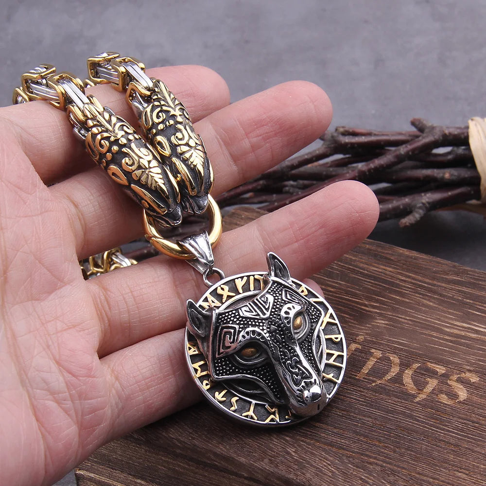 Never Fade Men stainless steel Wolf head norse viking amulet thor hammer pendant necklace viking king chain