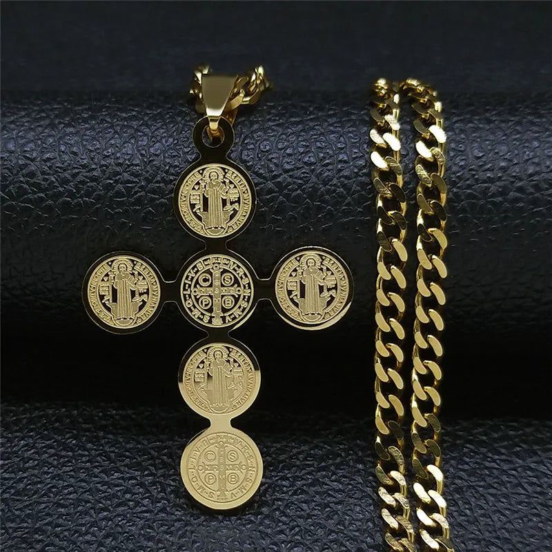 Saint Benedict Cross Pendant Necklace — Gold-Tone