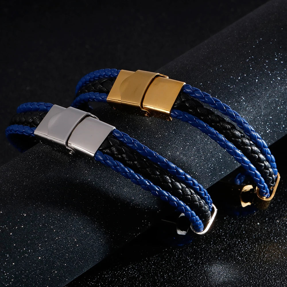Luxury Braided Three-tier Layer Blue Leather Bracelet for Men Gold Color Stainless Steel Adjustable Mens Charm