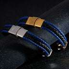 Luxury Braided Three-tier Layer Blue Leather Bracelet for Men Gold Color Stainless Steel Adjustable Mens Charm