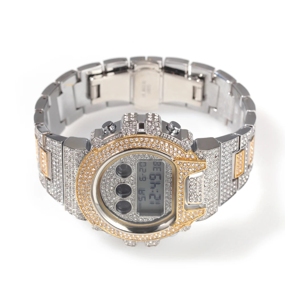 Hip Hop Full Iced Out Men Watches Stainless Steel Fashion Luxury Rhinestones Quartz Square Wristwatches Business Watch