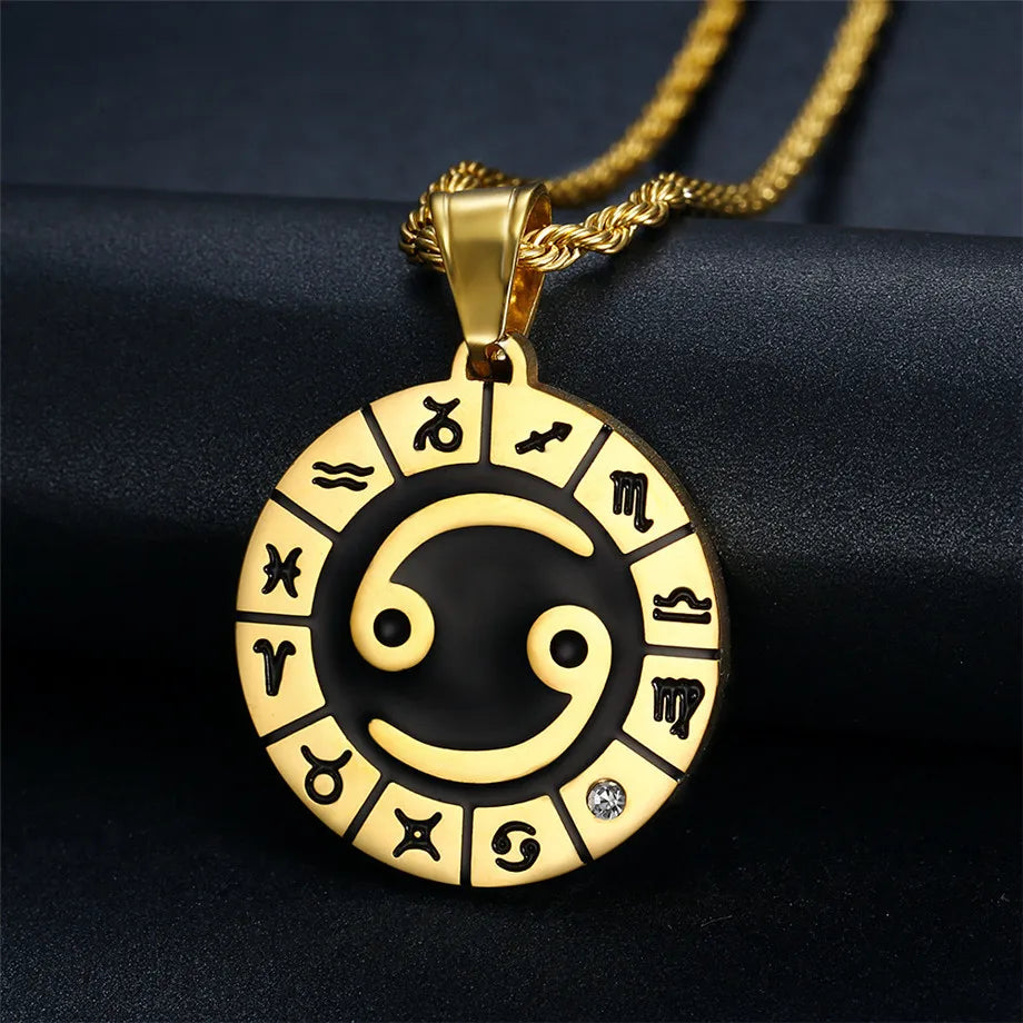 Zodiac Sign Leo Scorpio Pendant Gold Color Stainless Steel 12 Constellations Round Necklace for Women Men Jewelry Birthday Gifts
