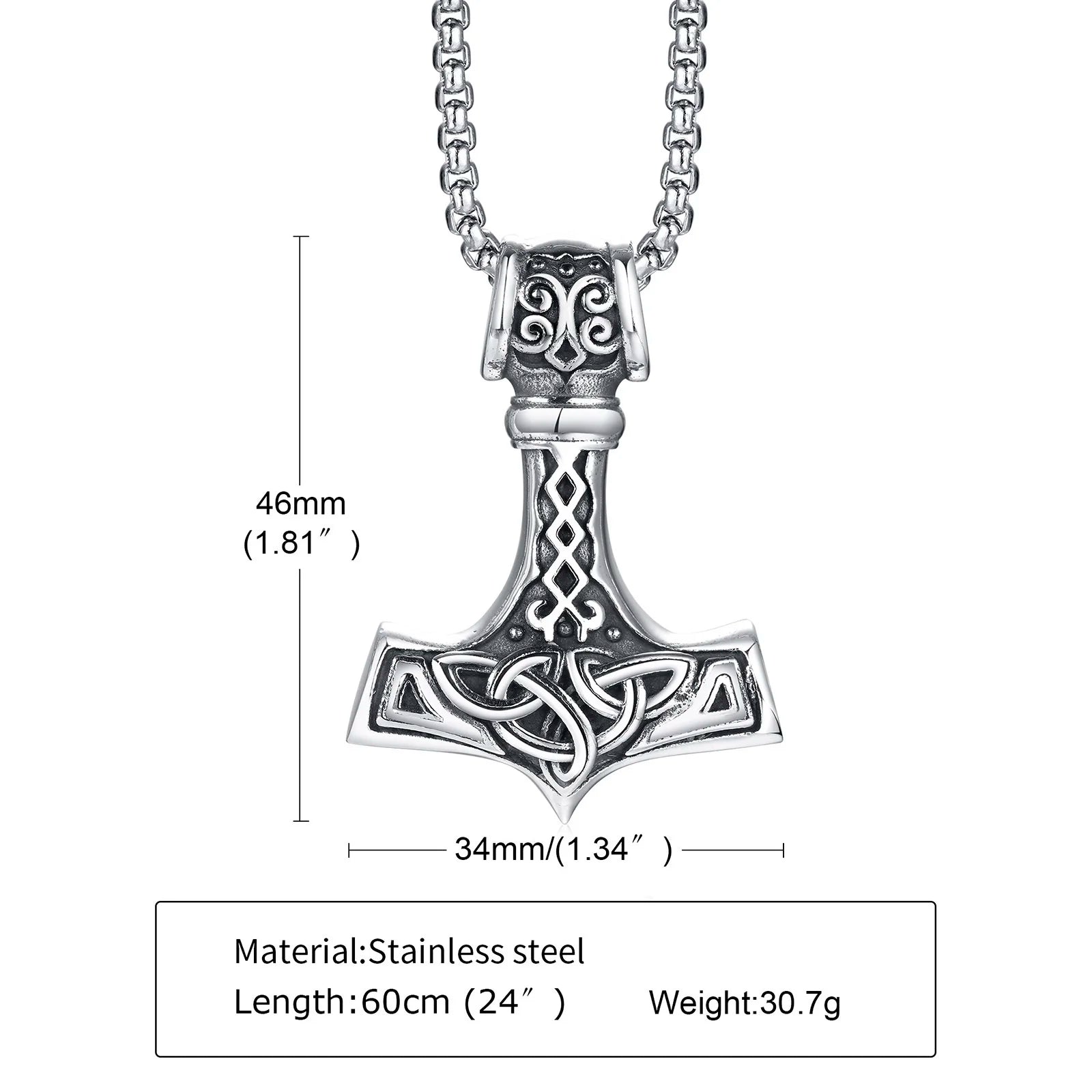Vnox Vintage Men Norse Viking Necklaces,Rock Punk Retro Thor Mjolnir Hammer Pendant,Scandinavian Nodic Amulet Rune Neck