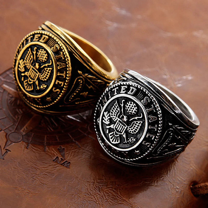 Vintage US Army Military Ring Mens Gold/Silver Color Stainless Steel US Army Ring Marine Corps Eagle Ring Male Fashion