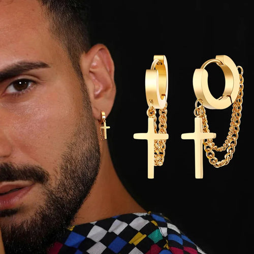 Cross Huggie Hoop Earrings — Stainless
