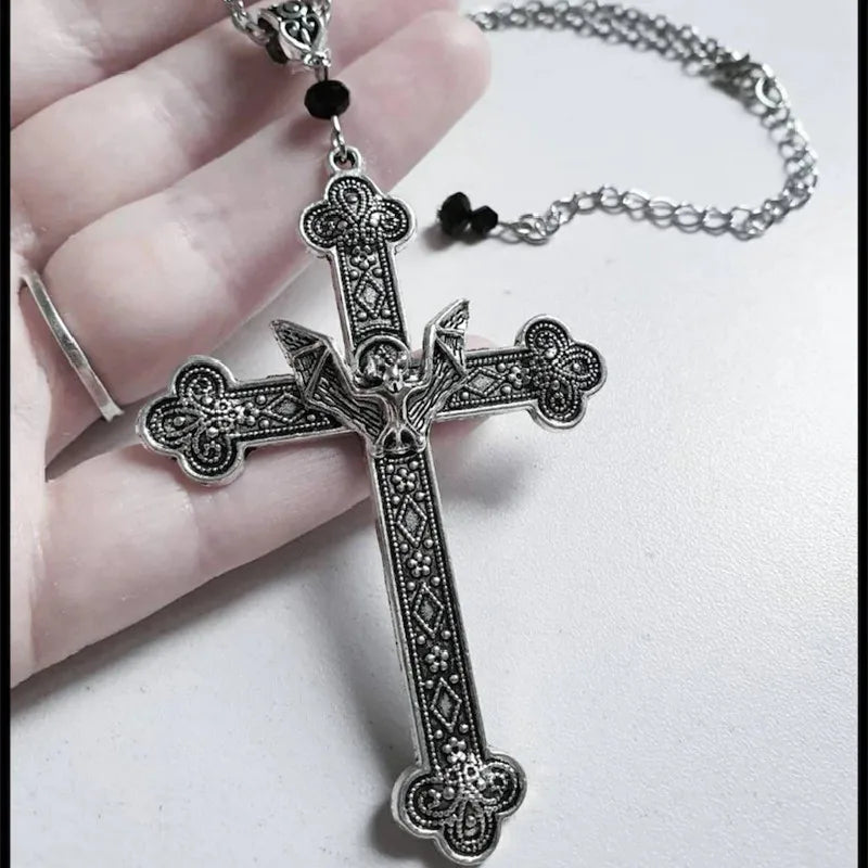 New Goth Antique Silver Filigree Vampire Bat Cross Necklace Pendant Charm Statement Grunge Novelty Jewelry Women