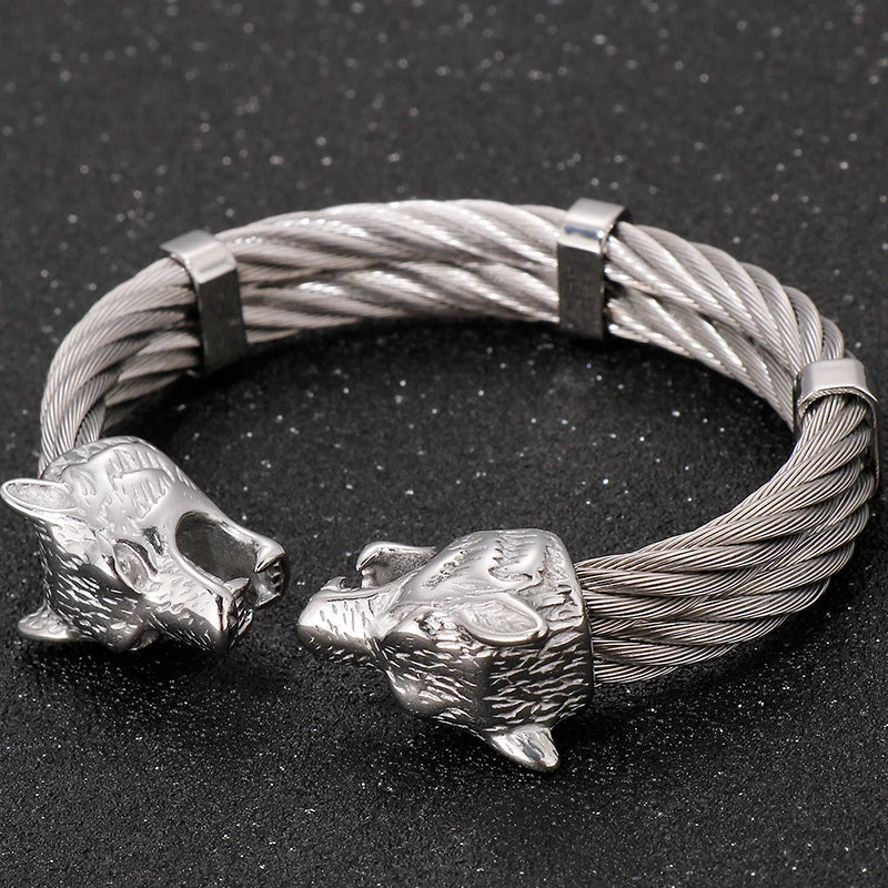 Gothic Gold Color Stainless Steel Wolf Lion Head Open Bangle Cuff Bracelet For Man Men's Boys On Hand Jewellery