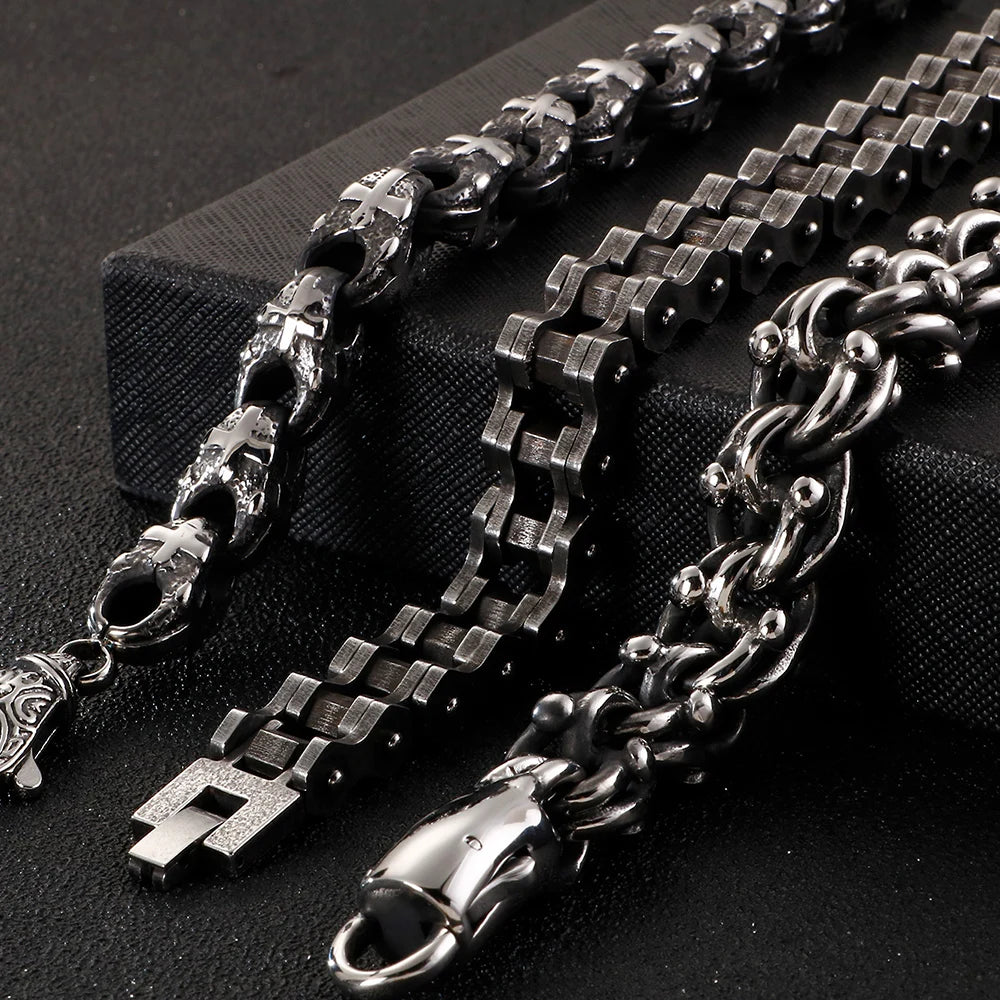 Heavy Stainless Steel Cross Bracelet for Man 23CM Long 13MM Wide Bicycle Chain Men's Bracelets Accessories Vintage