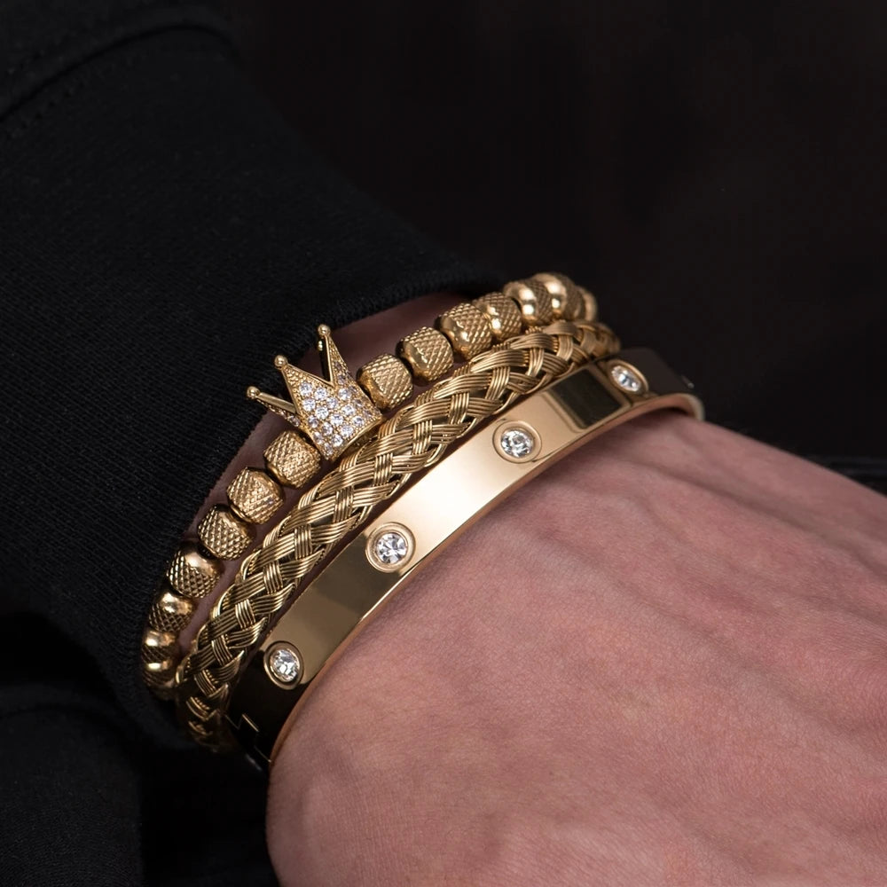 Luxury Micro Pave CZ Crown Roman Royal Charm Men Bracelets Stainless Steel Crystals Bangles Couple Jewelry Gift