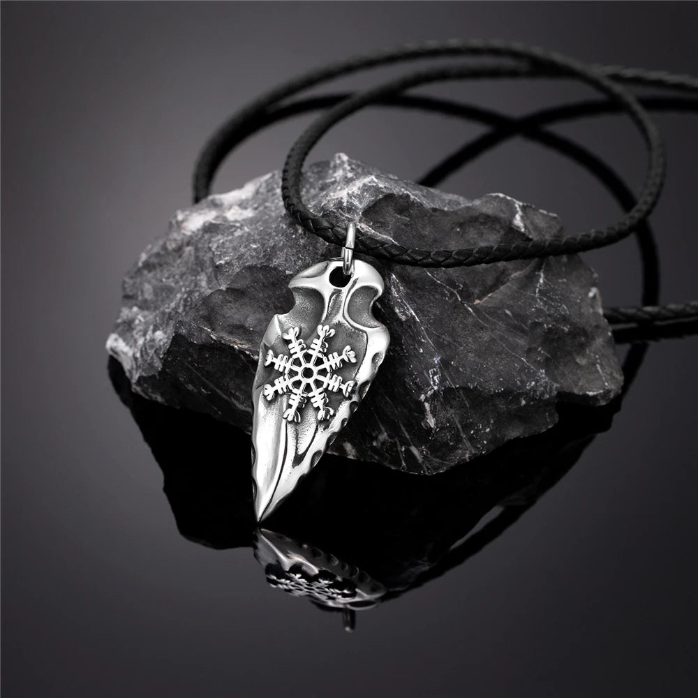 Viking Rune Shield Necklace Men Gold Color Antique Steel Norse Spear Trident Amulet Self-defense Pendant Never Fade