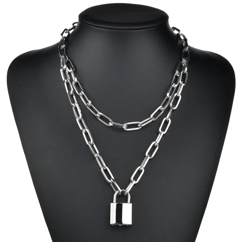 Silver-Tone Layered Lock Chain Choker Necklace
