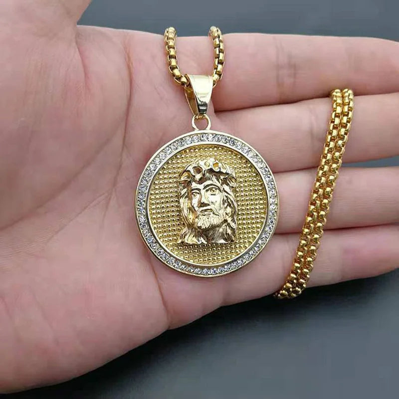 Gold Jesus Piece Pendant Necklace for Men — Stainless Steel