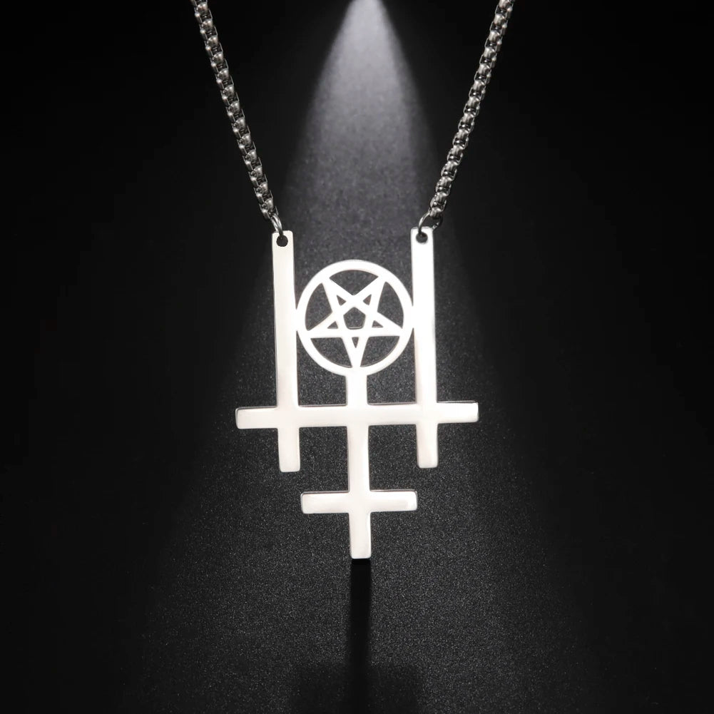 Triple Inverted Cross Pendant Necklace — Stainless Steel