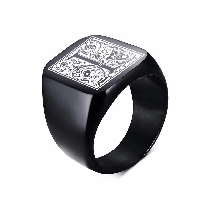 Monogram Black Signet Ring — Stainless Steel