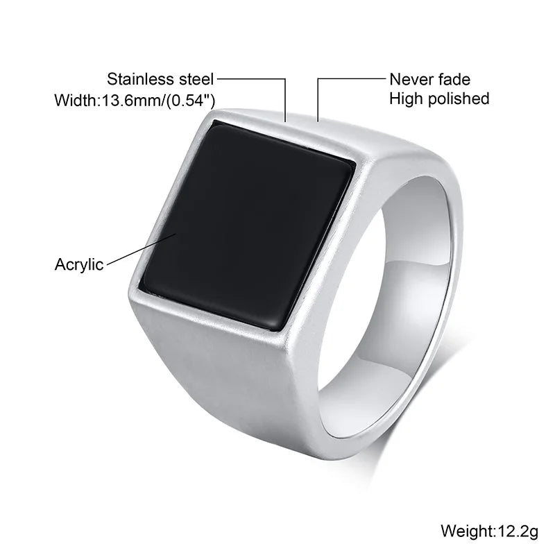 Black Enamel Square Signet Ring — Stainless Steel