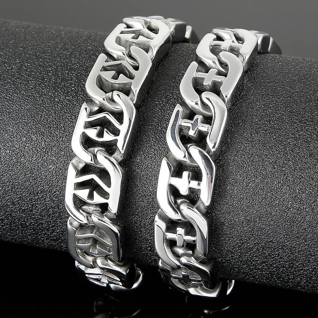 Fongten 21cm Cross Bracelets For Men Stainless Steel Cuban Link Chain Wristband Bangle Bracelets Silver Color Male