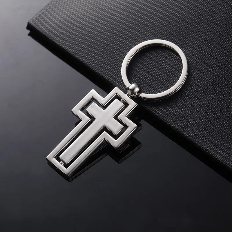 Religious Rotating Cross Keychain — Metal Car Key Holder