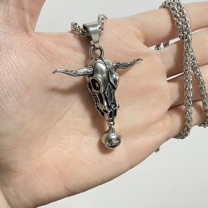 Bull Skull Bell Pendant Necklace — Stainless Steel