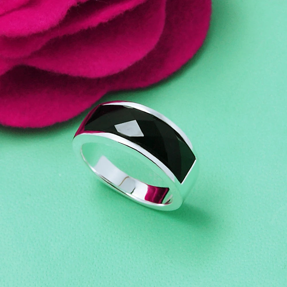 Retro 925 Sterling Silver Ring Unisex Fashion Black Agate Stone Ring Atmopheric Jewelry for Boyfriend Gifts