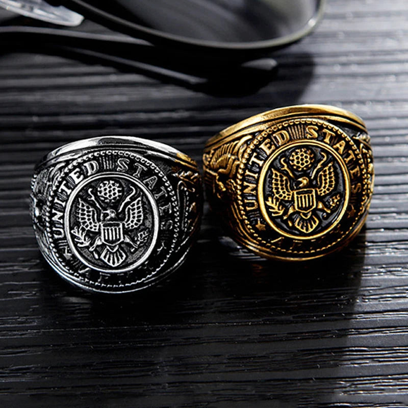 Vintage US Army Military Ring Mens Gold/Silver Color Stainless Steel US Army Ring Marine Corps Eagle Ring Male Fashion