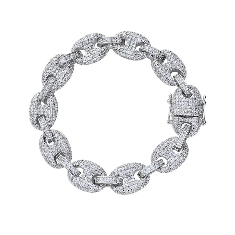 12mm wide Hip Hop CZ Stone Paved Bling Iced Out Solid Coffee Beans Link Chain Bracelets for Men Women Fashion Rapper