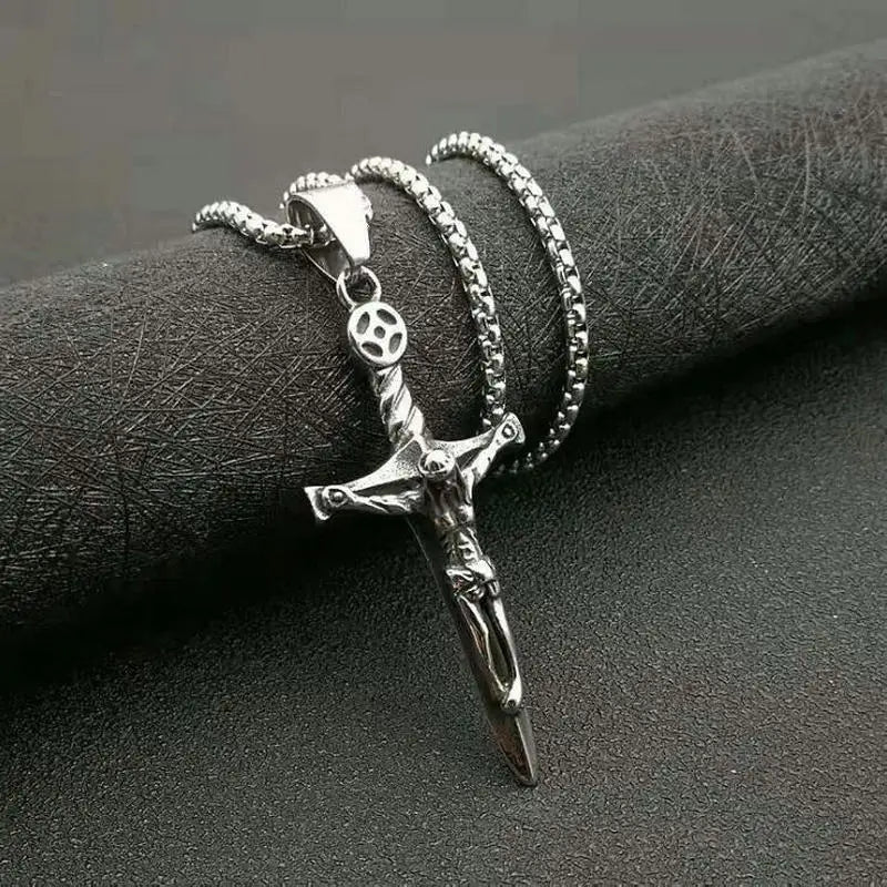 European and American retro punk religious jewelry Stainless steel cast catholic jesus and sword cross pendant