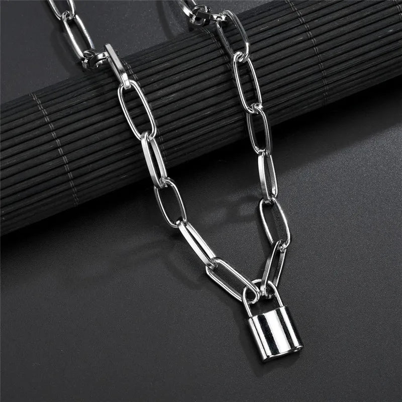 Silver-Tone Layered Lock Chain Choker Necklace