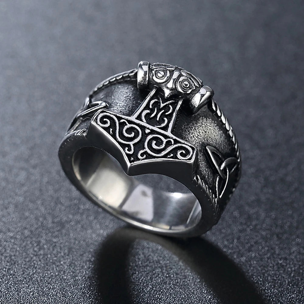 Vintage Viking Mjolnir Thor's Hammer Ring Men Nordic 316L Stainless Steel Odin Celtics Knot Amulet Ring Jewelry Gift