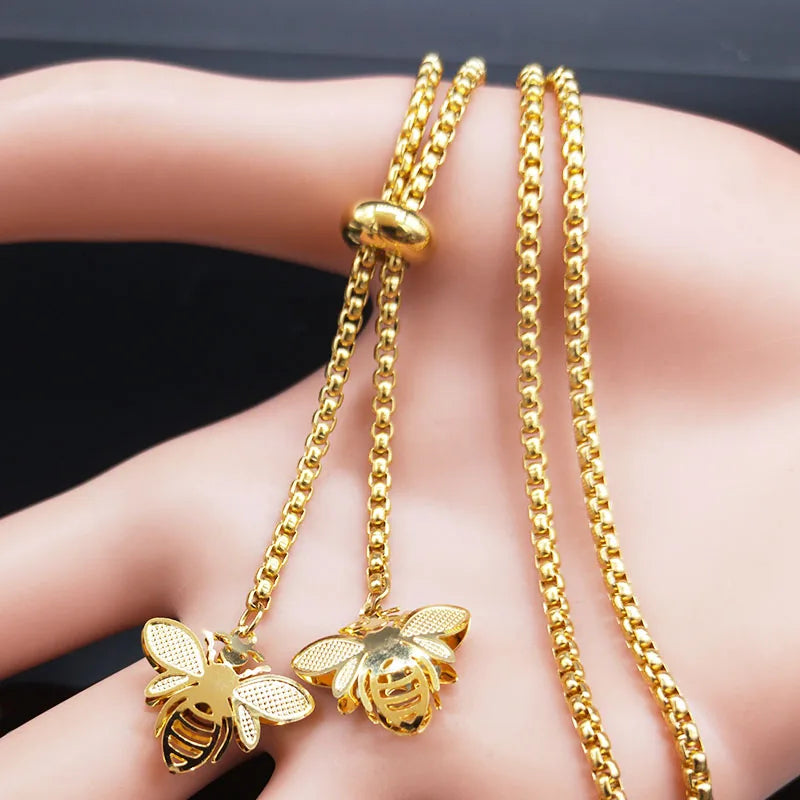 Bee Gold Statement Long Necklace — Stainless Steel