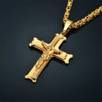 Fashion Byzantine Chain,Christ Cross Stainless Steel Long Necklace for Men Gold Color Statement Necklace Jewelry