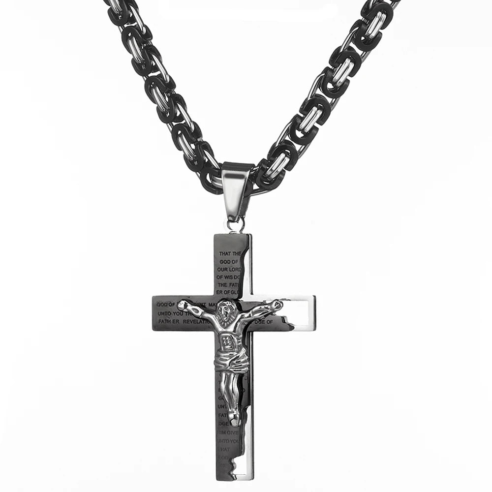 6mm Flat Byzantine Chain Necklace For Men's Neck Jewelry Stainless Steel Silver Gold Black Color Jesus Cross Pendant