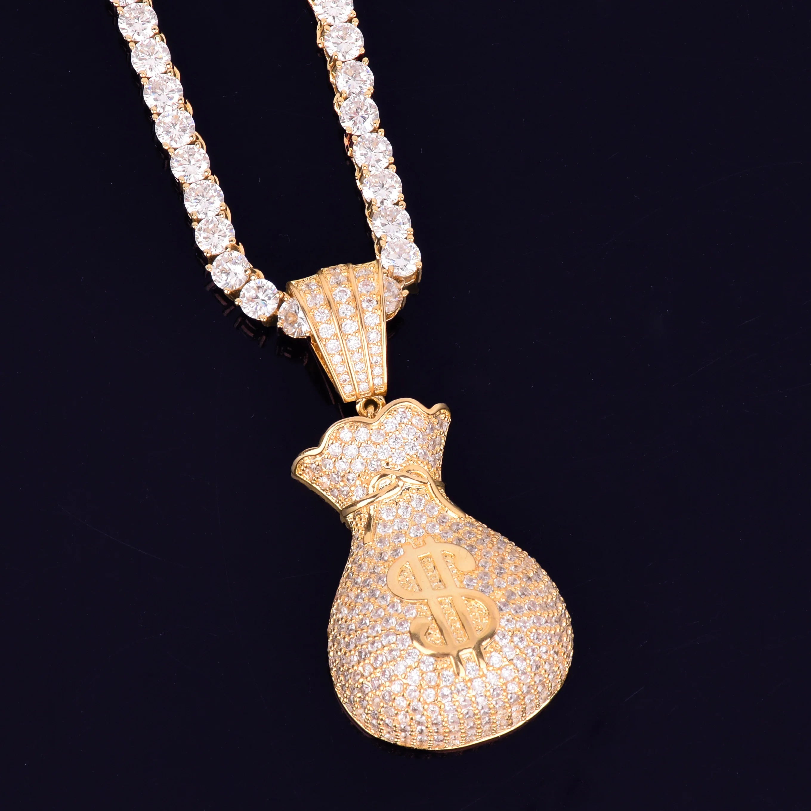 Men's Dollar Bag Pendant Necklace Gold Color Bling Cubic Zircon Hip Hop Rock Jewelry