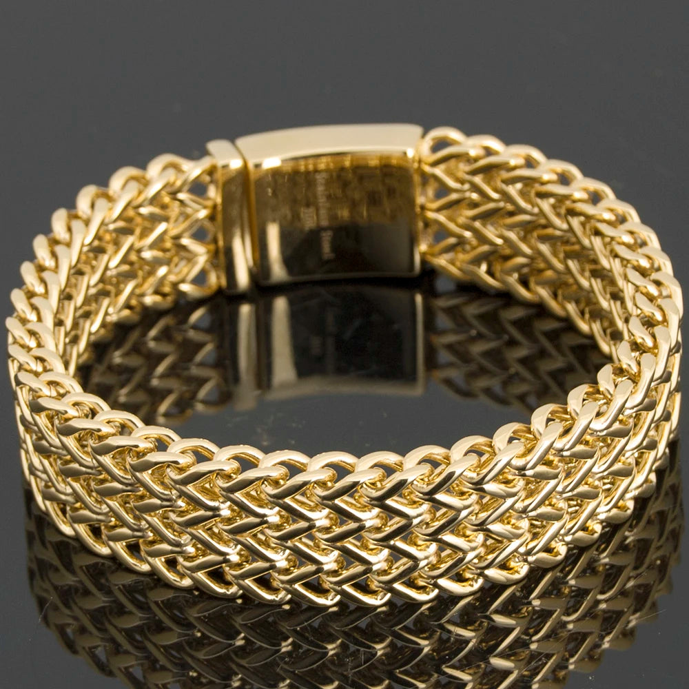 Luxury Yellow Gold Color Bracelet For Men 18MM Wide Stainless Steel Men's Chain Bracelets Metal Jewelry Gifts For