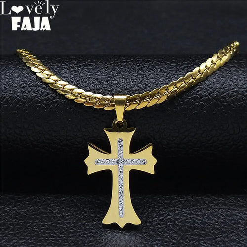 Cross Gold Pendant Crystal Catholic Collar Choker