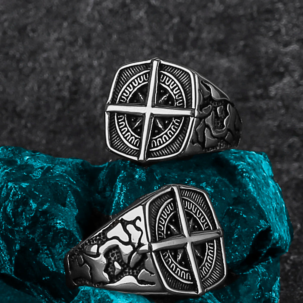 Viking Cross Nautical Chart Nordic Rune Ring — Stainless Steel