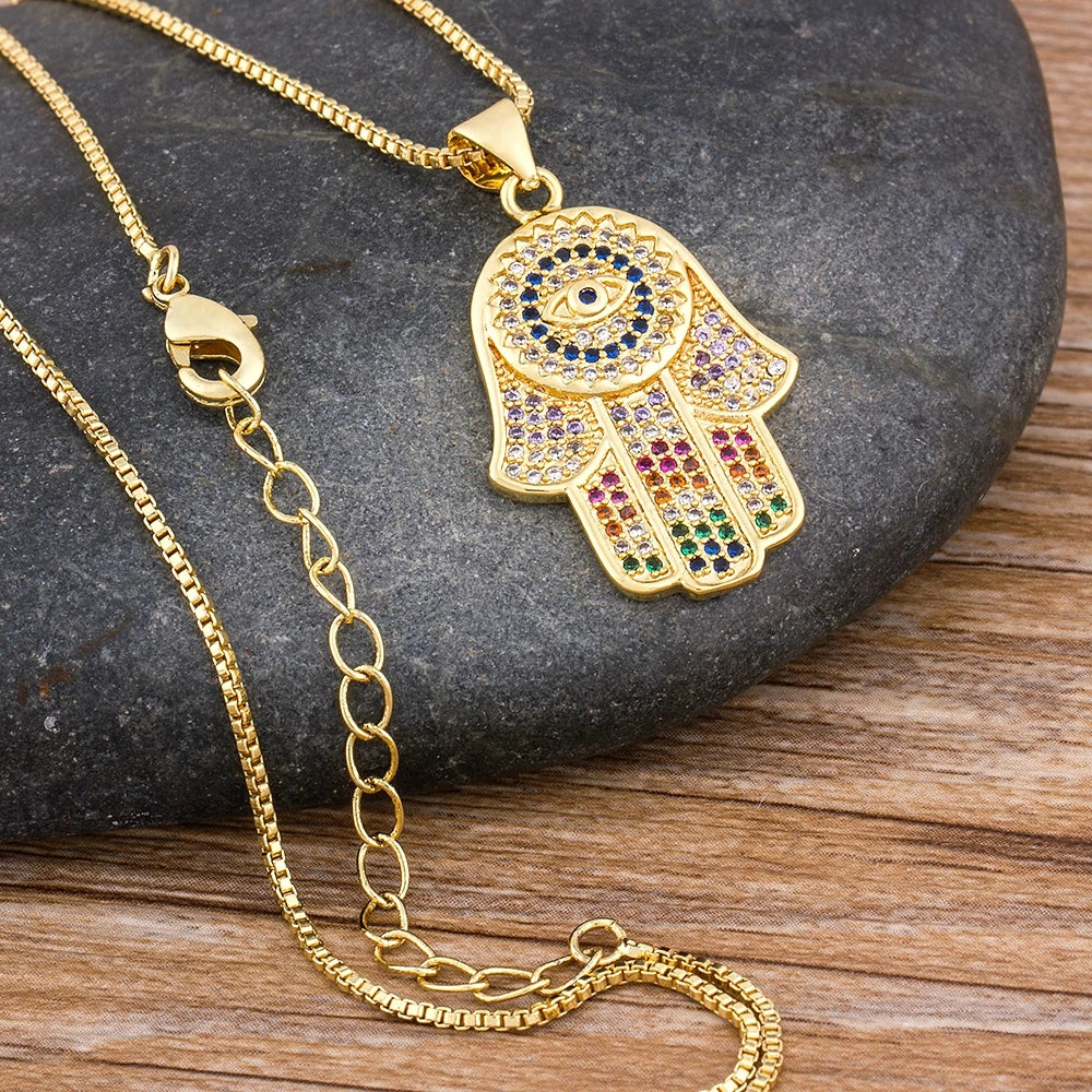 Nidin Dropshipping Hamsa Evil Eye Necklace For Women Collares Colorful Palm Fatima Necklace Fine Party Birthday Jewelry Gift