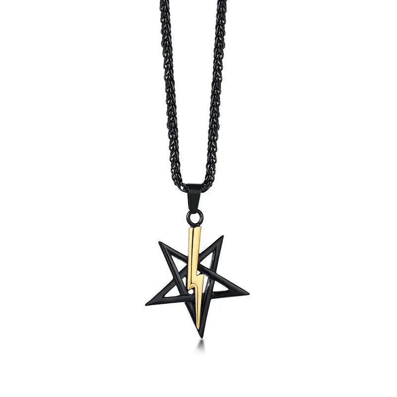 PENTAGRAM WITH LIGHTNING BOLT PENDANT SATANIC SYMBOL STAINLESS STEEL ANTON LAVEY SIGIL NECKLACE AMULET TALISMAN SIGN
