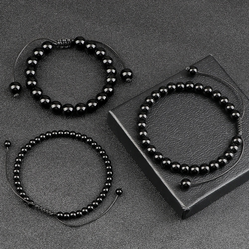 Beaded Bracelet 4 6 8mm Natural Stone Shiny Black Onyx Beads Bracelets & Bangles Adjustable Size Obsidian Wrist Jewelry