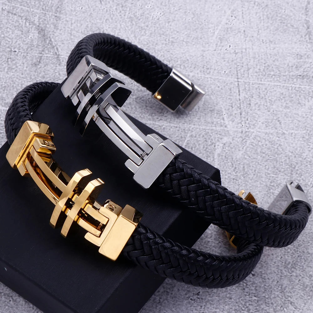 11MM Braided Leather Man Bracelet For Men Gold Color Stainless Steel Men's Charm Cross Bracelets Handmade Hand Bands