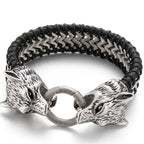 Vintage Double Wolf Lion Head Men's Bracelets Gothic 23CM Long Braided Genuine Leather & Stainless Steel Skull Bracelet