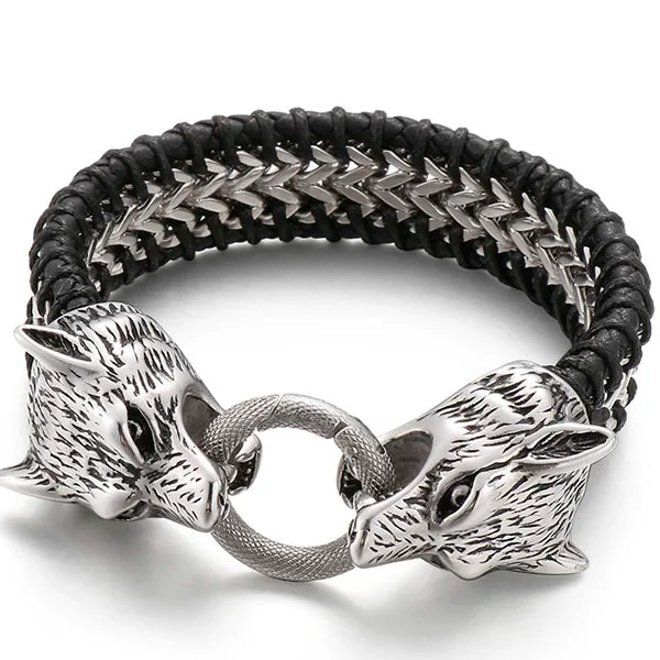 Vintage Double Wolf Lion Head Men's Bracelets Gothic 23CM Long Braided Genuine Leather & Stainless Steel Skull Bracelet