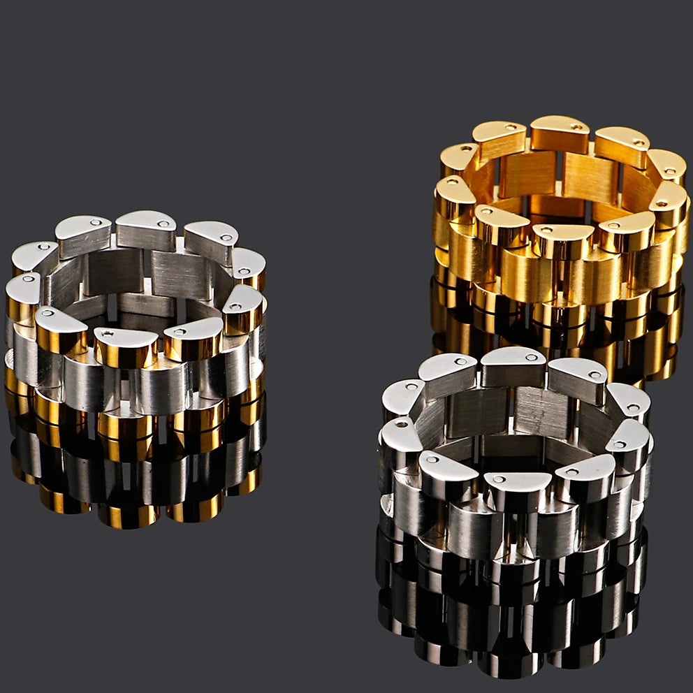 10MM Wide Watch Strap Chain Bracelet Men Luxury Gold Color Stainless Steel Bracelets For Women Finger Ring Men's Single