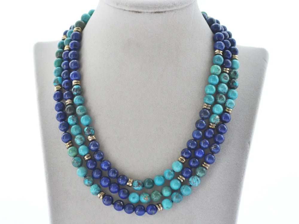 Green Turquoise Blue Lapis Lazuli Hematite Bead Necklace, 8mm