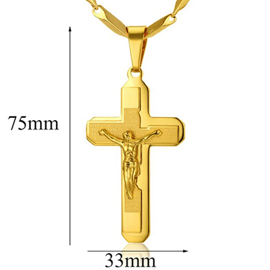 Religious Bible Jesus Cross Pendant Male Gold Color Stainless Steel Chain Crucifix Necklace For Men Christian Jewelry