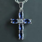 Huitan Cross Shaped Pendant Necklace Birthday Gift High Quality Ladies Jewelry Prong Setting Blue CZ Fashion Accessary