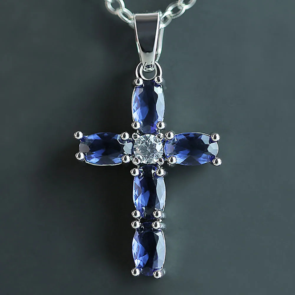 Huitan Cross Shaped Pendant Necklace Birthday Gift High Quality Ladies Jewelry Prong Setting Blue CZ Fashion Accessary