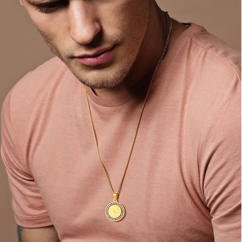 Iced Out Prayer Coin Pendant Necklace — Stainless Steel