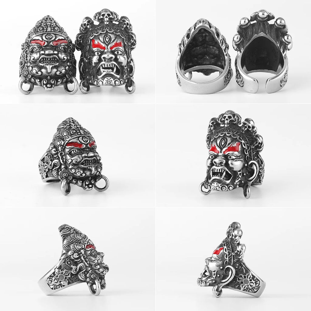 Tibetan Buddhist Raksha Deity Head Ring — Stainless Steel